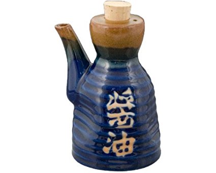 Traditional Japanese Tenmoku Pottery Soy Sauce Shoyu Dispenser With Cork Top Stopper 7oz Handcrafted in Japan (Blue)