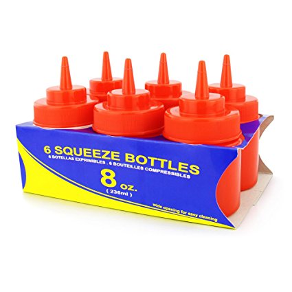 New Star Foodservice 25996 Squeeze Bottles, Plastic, Wide Mouth, 8 oz, Red, Pack of 6