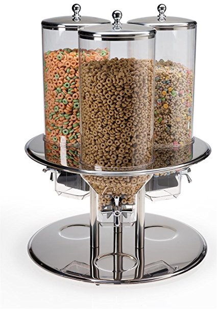 Dry Food Dispenser with 3 Canisters, 7.8 Gallons Total, Portion-controlled Cereal Dispenser with Rotating Base, Stainless Steel, Clear Polycarbonate