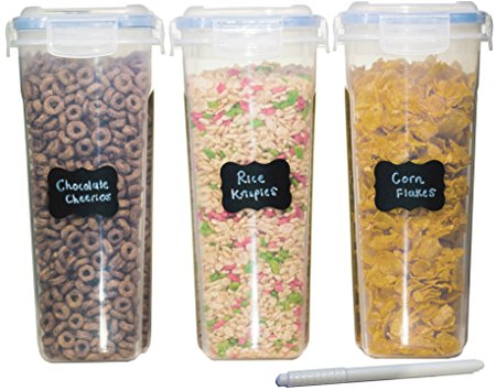 MiCasa Cereal & Dry Food Storage Container Set of 3 (16.9 Cup / 135.2oz) Airtight + 8 FREE Chalkboard Labels + 1 FREE Liquid Chalk Marker - Great for Flour, Sugar, Rice, Grains, Coffee, Pet Food