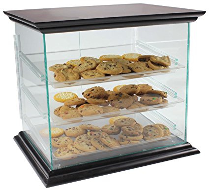 Cookie Display Case With Mahogany Canopy And Base, Countertop, Green Edge Acrylic, Hinged Magnetic Doors, Removable Trays, 21 x 18-1/4 x 17-Inch