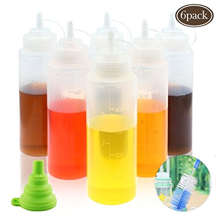 BAKHUK 6Pcs 16oz Plastic Clear Squeeze Condiment Bottle With Silicone Collapsible Funnel and Brush