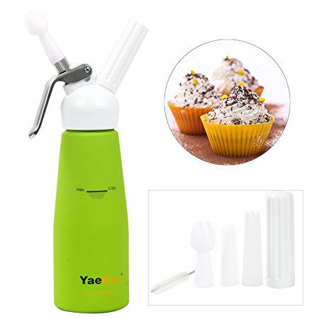 YAEKOO Whipped Cream Dispenser 1/2 Liter 1 Pint Canister Whipper Durable,Aluminum Body with White Composite Head – includes 3 Decorating Tips &1 Cleaning Brush – Half - Gift Box Packaging