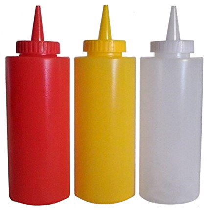 Set of 3 Bottle Dispensers Squeeze Bottles in Assorted Colors of Red in Yellow and Clear (12 OZ)