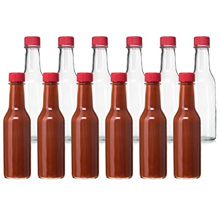 24 Pack - 5 Oz Hot Sauce Bottles, Small Empty Glass Bottles with Red Caps and Drip Dispensing Tops for Salsa, Pepper, Vinegar, Hot Sauce, Pepper Sauce, By California Home Goods