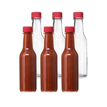 12 Pack - 5 Oz Empty Clear Glass Hot Sauce Bottles with Red Caps and Drip Dispensing Tops, By California Home Goods