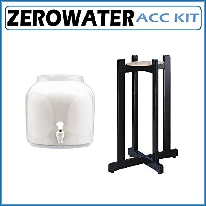 Ceramic Water Crock Dispenser - Classic White with Black Wood Floor Stand