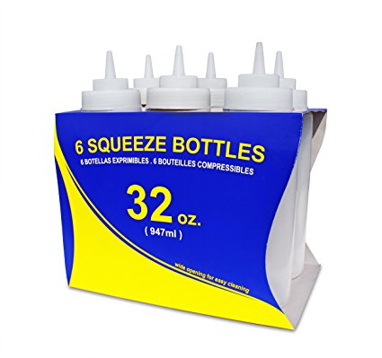 New Star Foodservice 26269 Squeeze Bottles, Plastic, Wide Mouth, 32 oz, Clear, Pack of 6