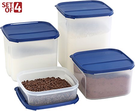 Food Storage Containers –Set of 4 SignoraWare Dry Food Storage Containers Reusable Tall Large Sugar, Flour Bakeware Containers Airtight Secure Leak Proof Lids- One Lid Fits All– BPA Free Plastic